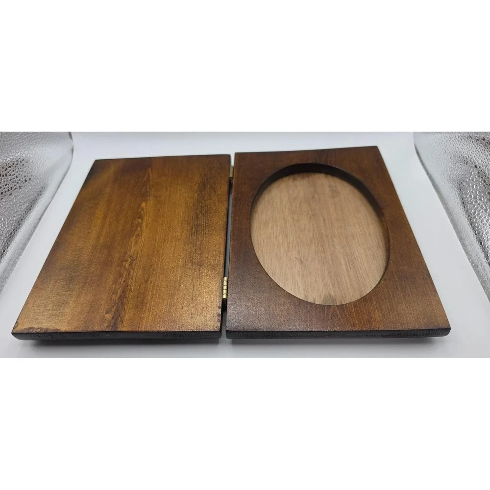 Vintage Folding Wood Picture Frame Dark Brown Hinged Oval Photo Window 5x7 8x6